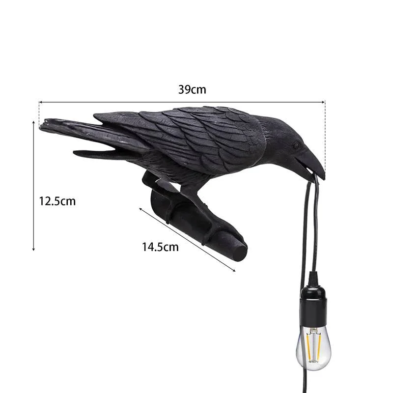 Modern art deco lamp in black resin, shaped as a lifelike crow with detailed carving, LED socket, and adjustable power cord.