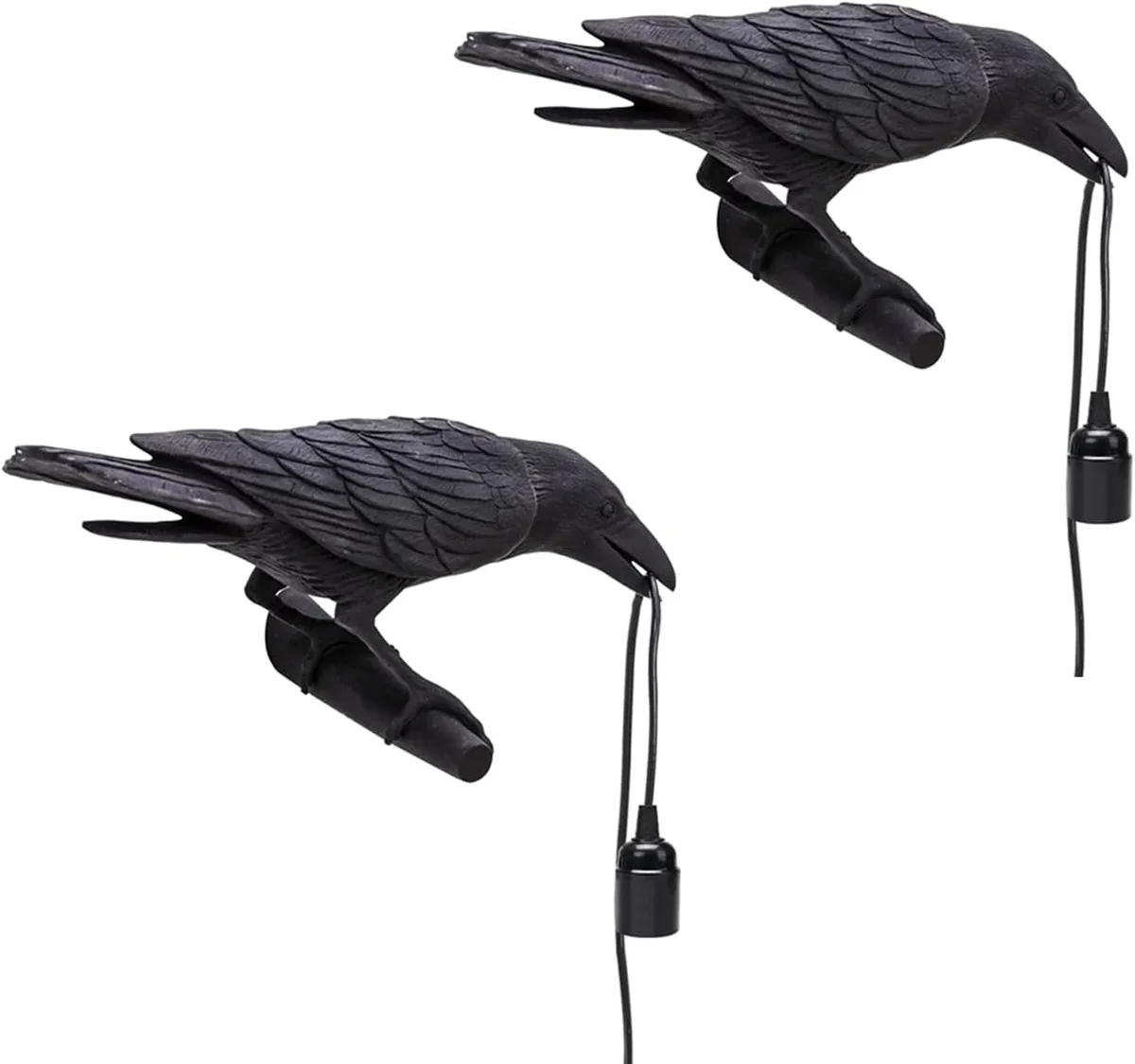 Black resin crow lamp with realistic carved crow figure, black finish, E27 base, mounted on wall, soft LED illumination.
