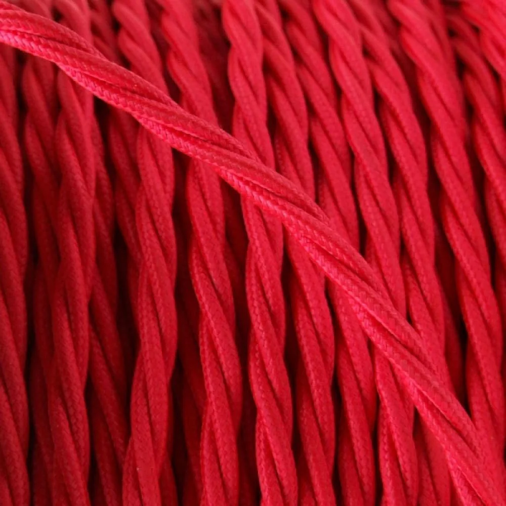 Red 2‑core twisted vintage fabric cable with woven finish, copper conductors, 5 mm outer diameter, 240V rated.