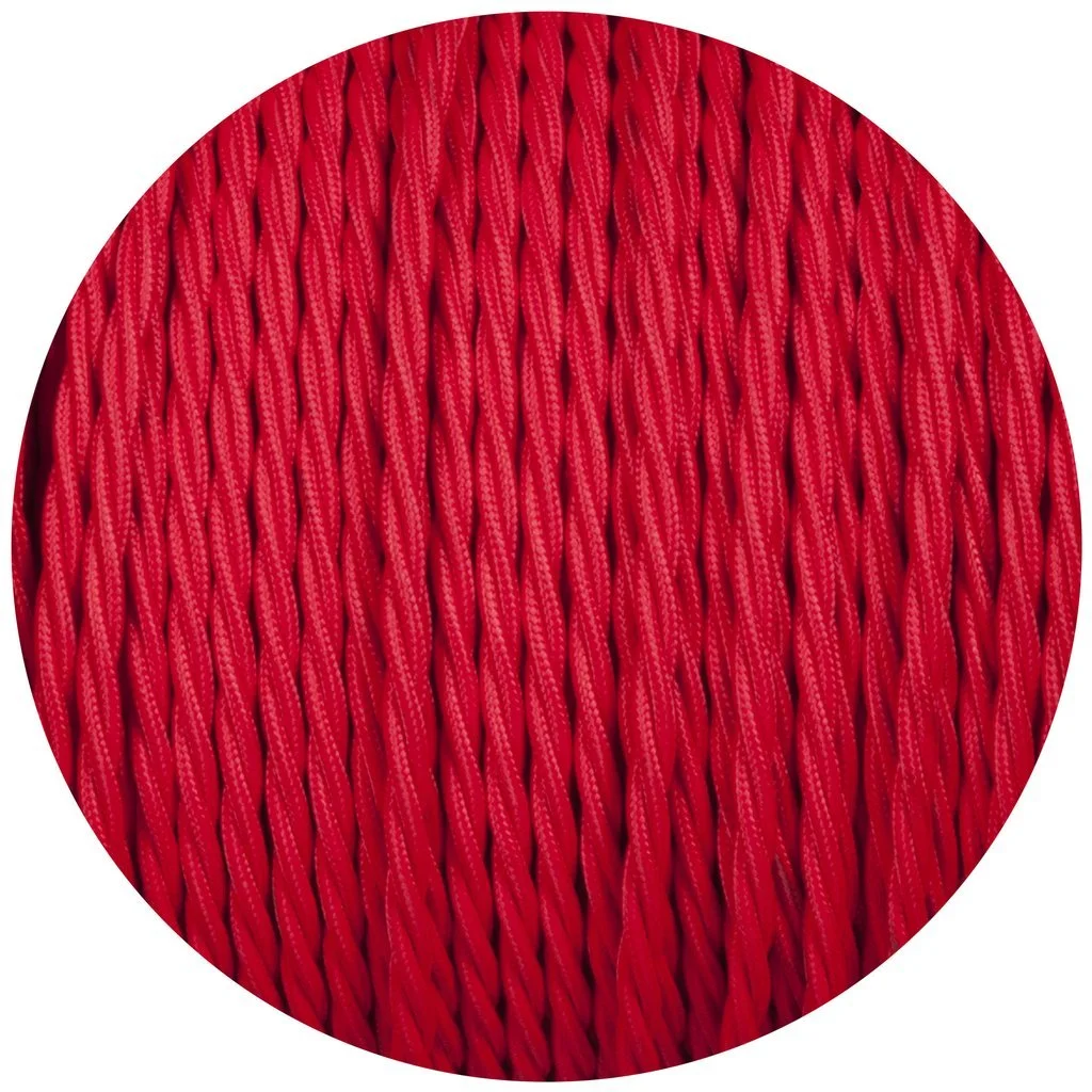 Red twisted fabric cable, two cores, 5mm outer diameter, 10m, vintage indoor lighting flex with copper and PVC.