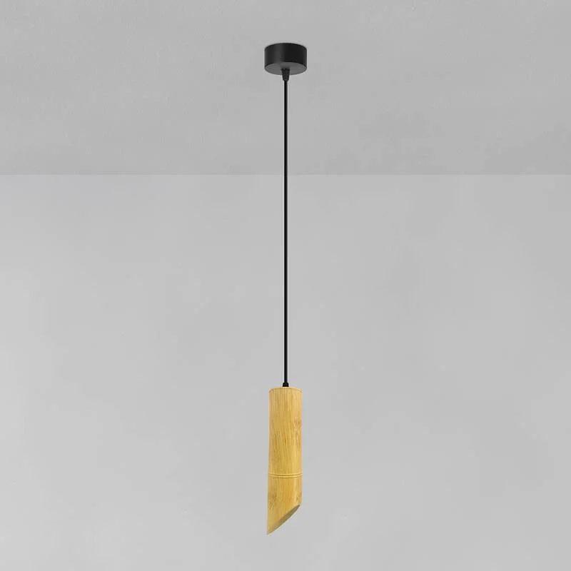 Wooden pendant light with slender wooden tube and aluminium spotlight, hanging on adjustable 95cm cable, ceiling mounted.