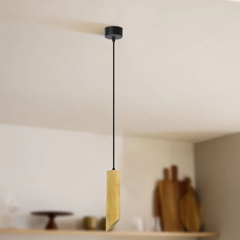 GU10 pendant light: wooden long tube with aluminium spotlight and adjustable 95cm cord, suitable for modern ceiling.