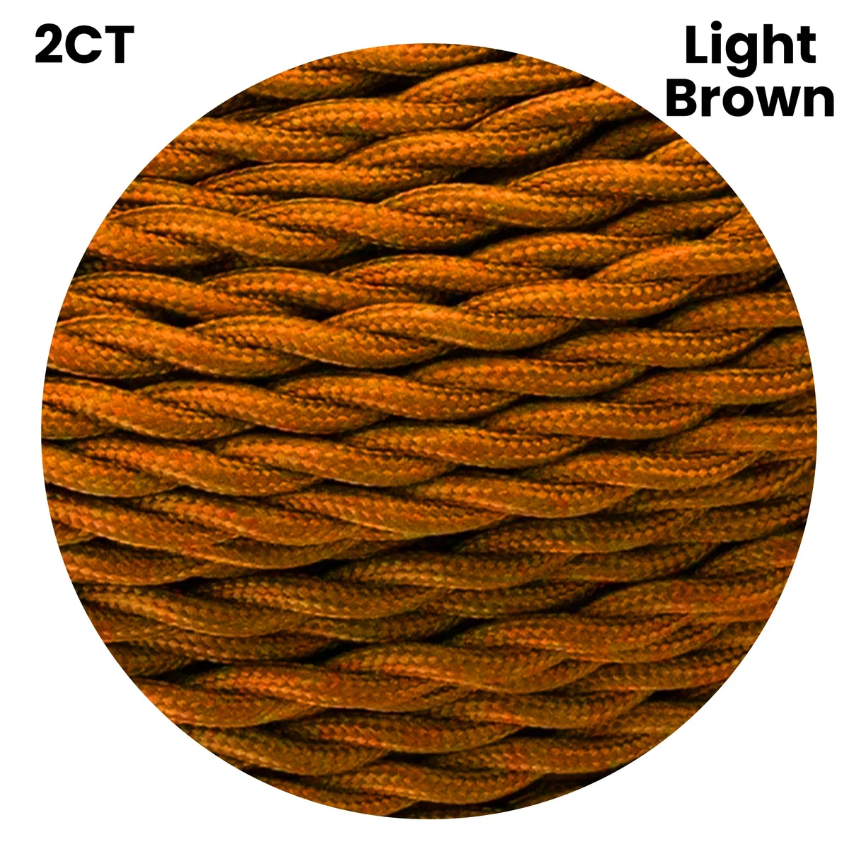 Light brown 2 core twisted fabric cable laid flat, showing inner PVC insulation and exposed copper conductors, 1m roll