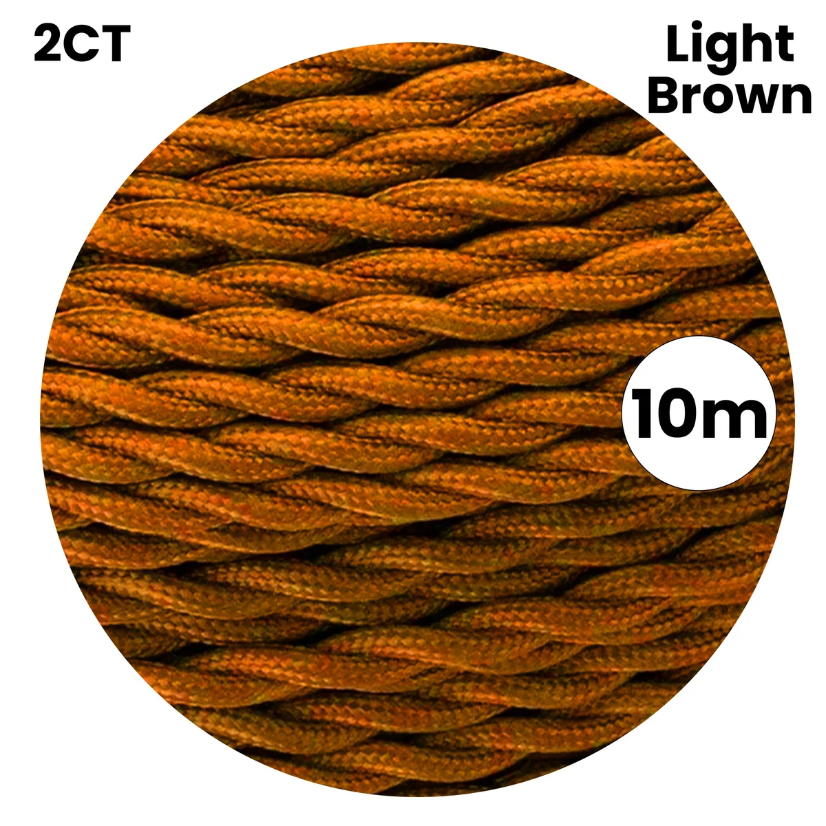 Light brown electrical cable with twisted 2-core Italian braided fabric, PVC insulation, and copper conductors.