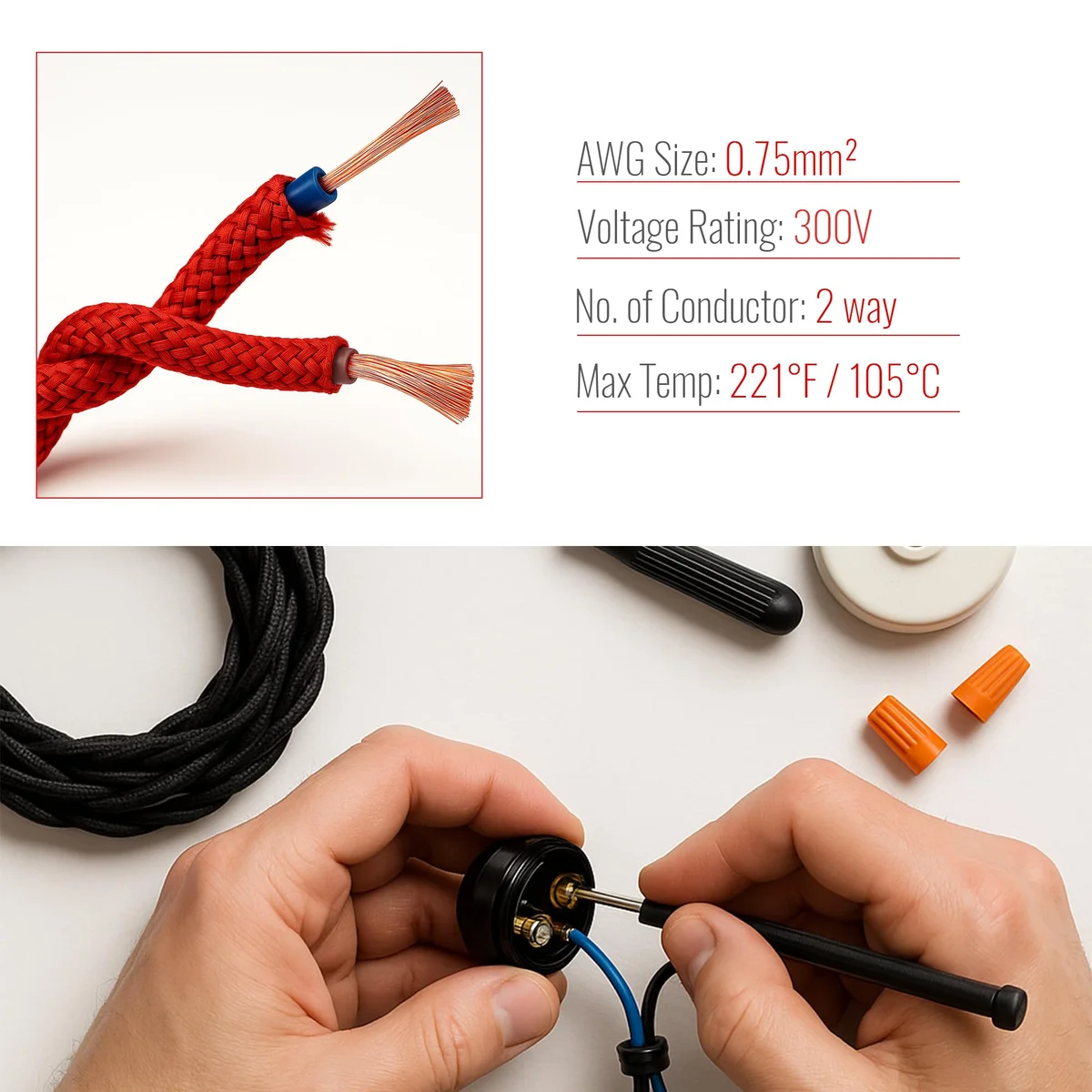 Light brown 2 core twisted fabric cable, 5mm diameter, 0.75mm copper conductors, PVC insulated, shown on white background