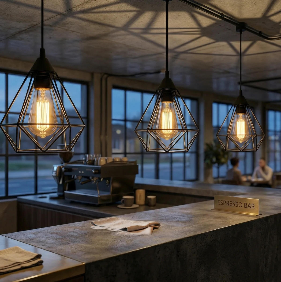 Black wire cage lampshade with industrial diamond pattern, fits E27, good for Edison-style bulbs.