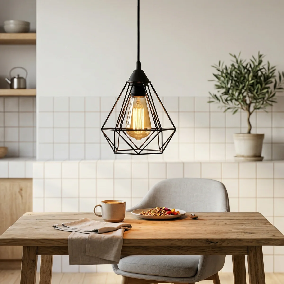 Black industrial wire cage lampshade with geometric diamond pattern, fits E27 socket, 15.5 cm wide, metal cage frame