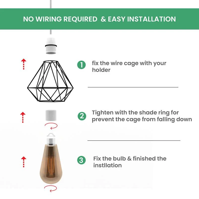 Black wire cage lampshade with geometric diamond design around a standard E27 bulb, showing its rust‑proof metal frame.