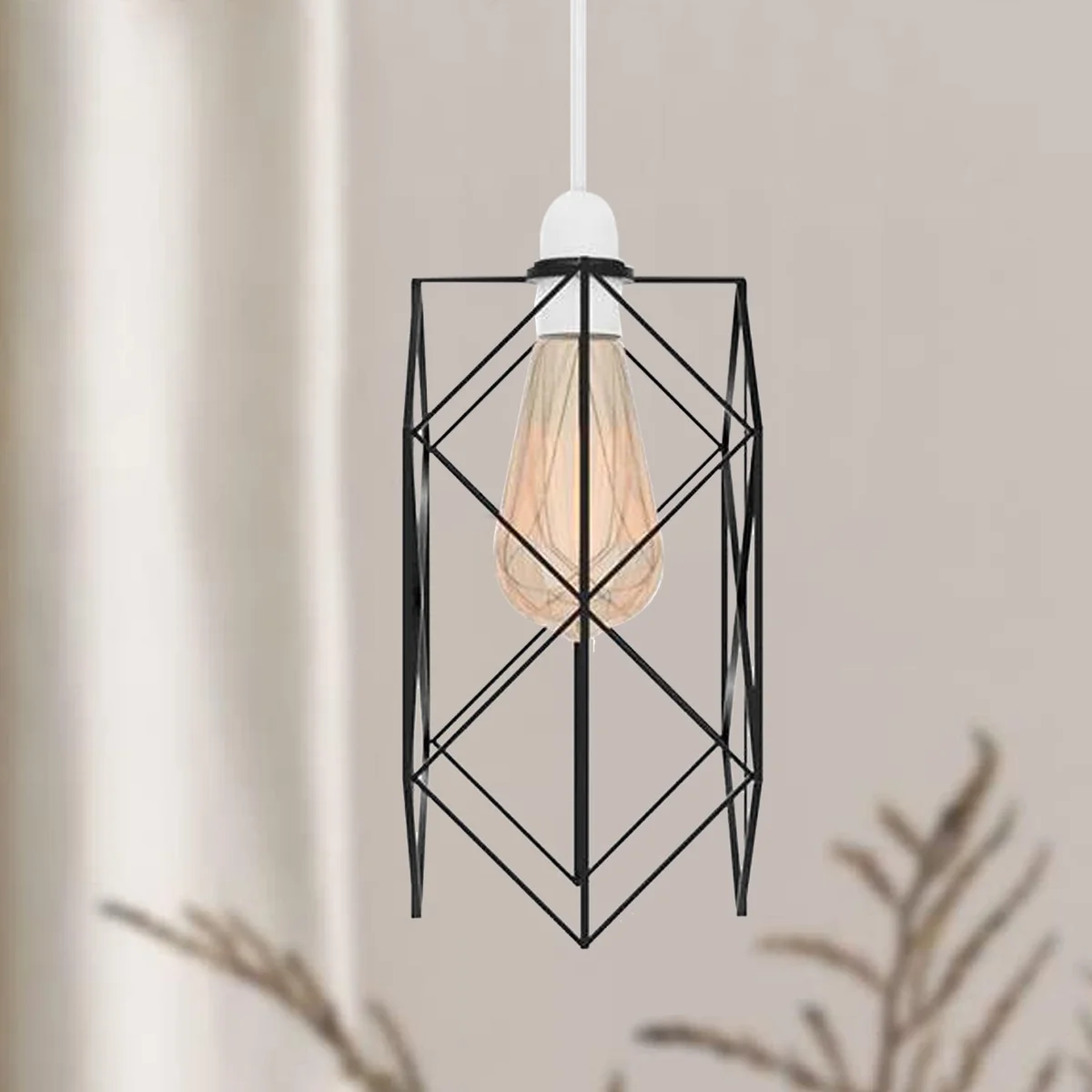 Black square metal wire cage lampshade with protective wire panels, includes reducer plate for various lamp bases.