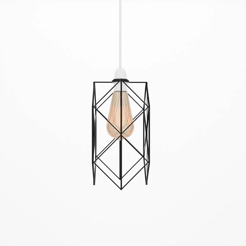 Black wire lamp shade with metal square cage, 11.5 cm wide and 26 cm tall, includes reducer plate for lamp fixtures.
