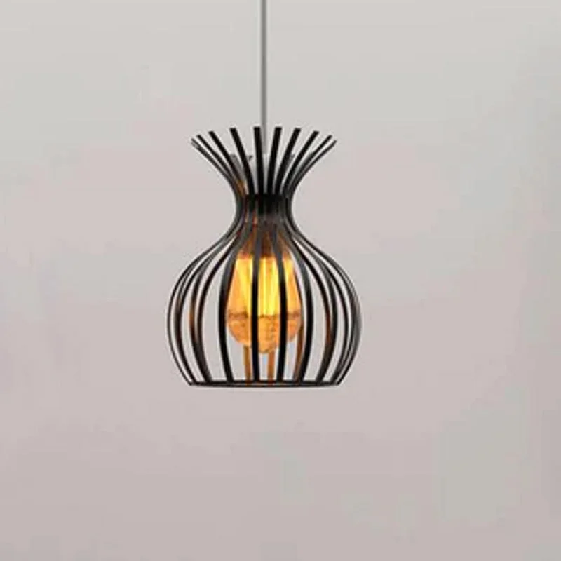 Black metal wire lampshade hanging from ceiling, modern industrial style, painted black, 25 cm height.