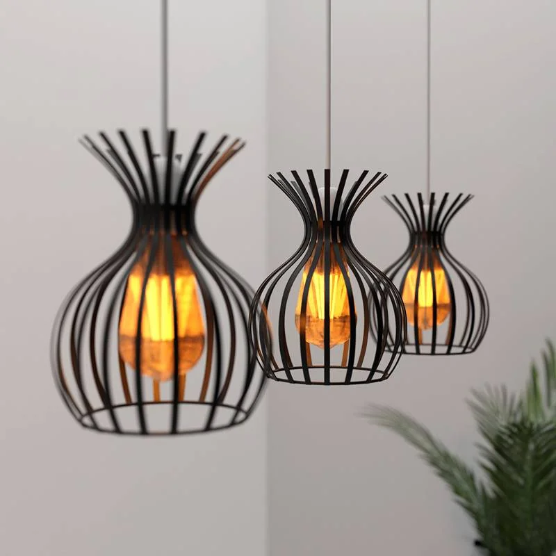 Black modern industrial lampshade with metal wire cage, 15cm wide, 25cm tall, open center for bulb.