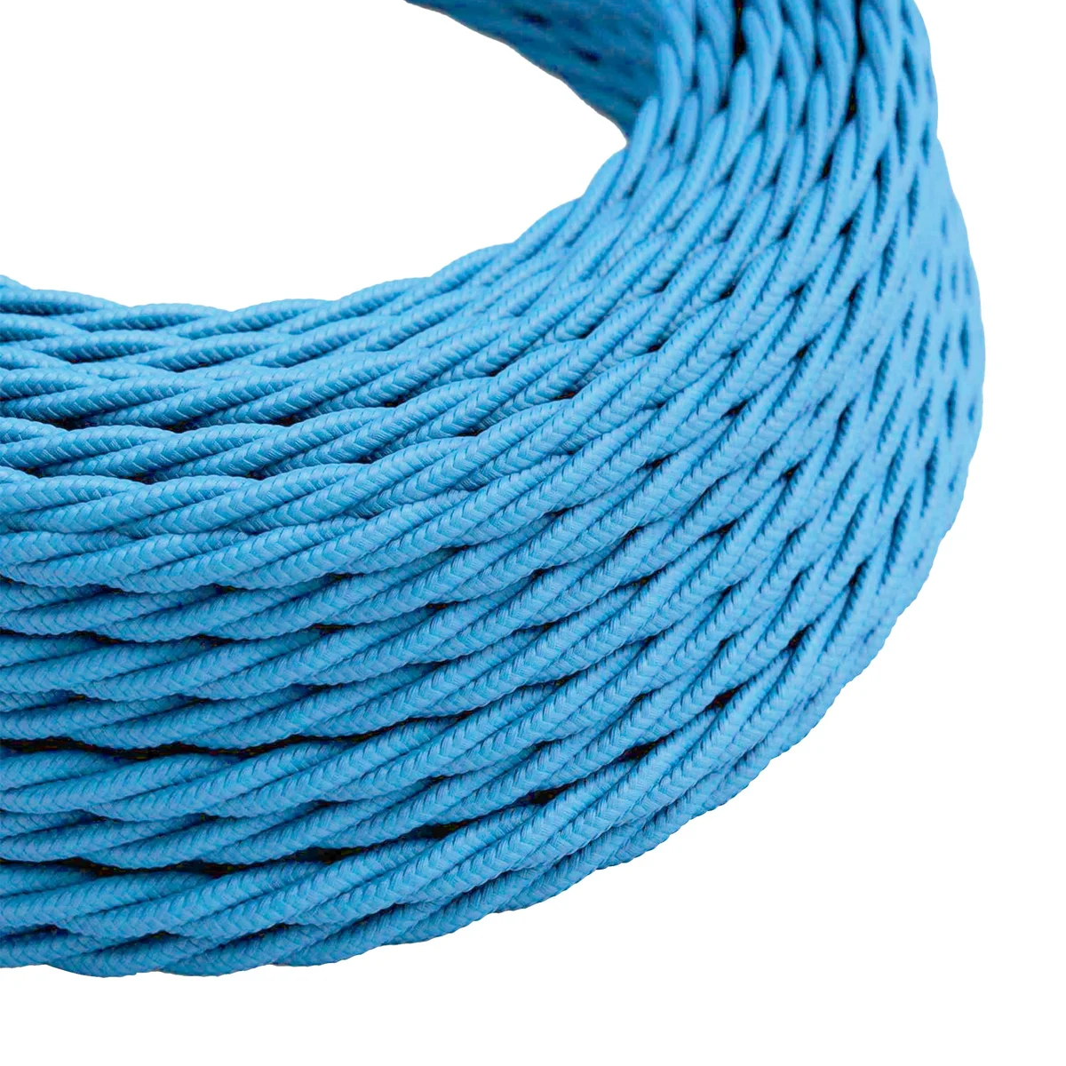 Light blue 2 core fabric cable, 10m, twisted, Italian braided fabric outer, PVC insulated, bundled.