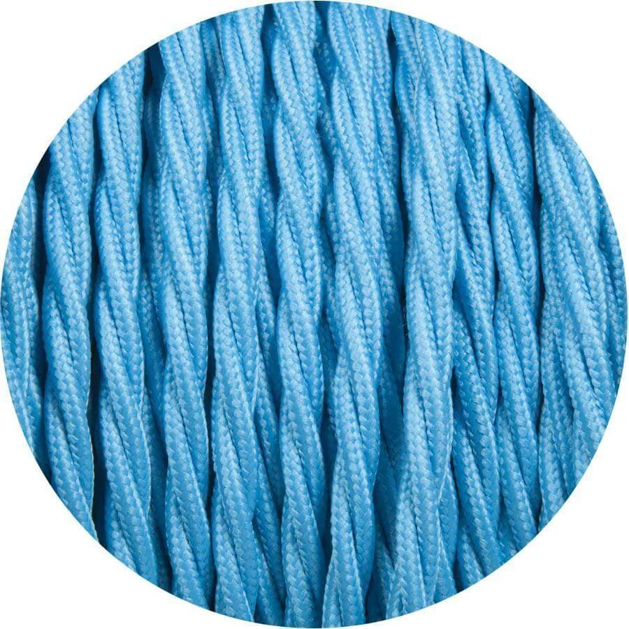 Light blue 10m 2 core fabric cable with twisted Italian braided design shown on a wall.