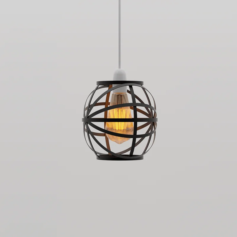 Black modern metal lampshade with wire cage, vase shape, 20cm wide, 21cm tall, for pendant, floor and table lamps.