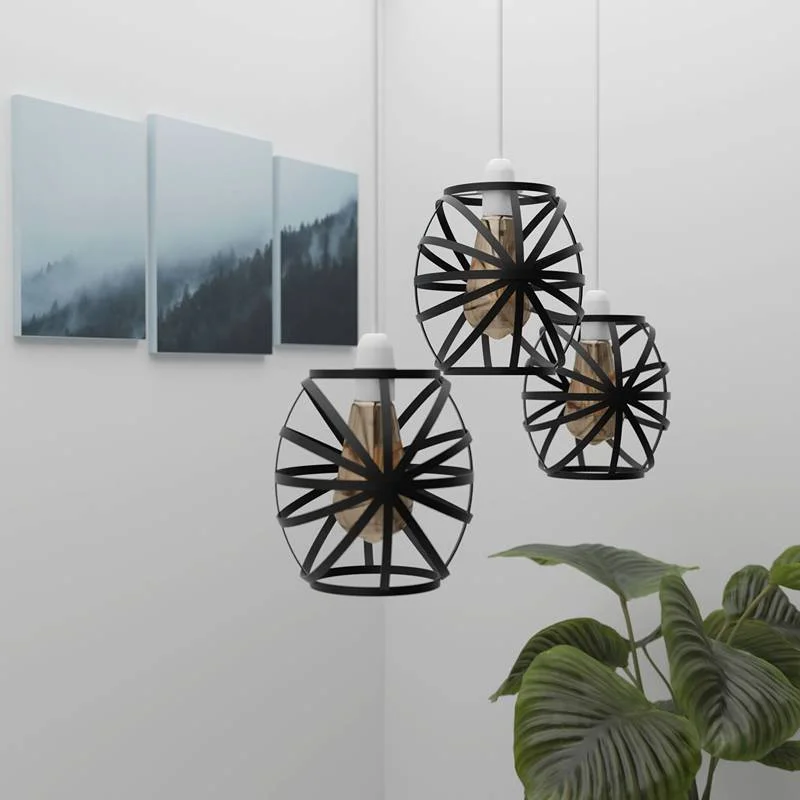 Black painted metal wire cage lampshade with vase shape, showing an industrial style lampshade in sleek modern design.
