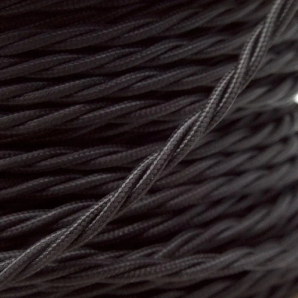 Black vintage 2‑core electrical wire, braid‑wrapped fabric cable, 5 mm outer diameter, 1 m length.