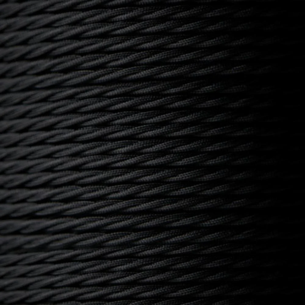 Black 2 core twisted electric cable with braided fabric covering, showing two thin copper cores and PVC insulation, 5mm diameter