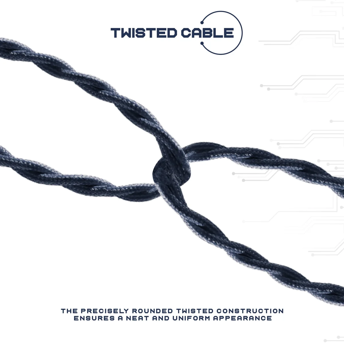 Black 2 core twisted electric cable with braided fabric insulation, showing the two copper cores.