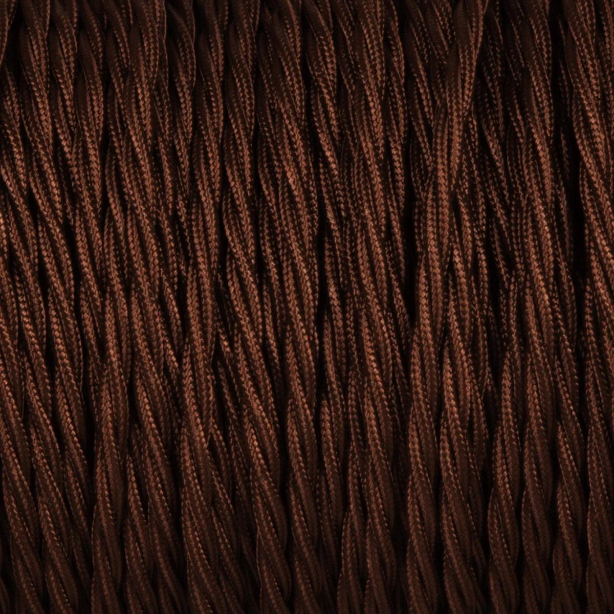 Twisted cloth lighting cable in dark brown hemp cover, flexible 2‑core PVC insulated, for pendant, floor, table lamps.