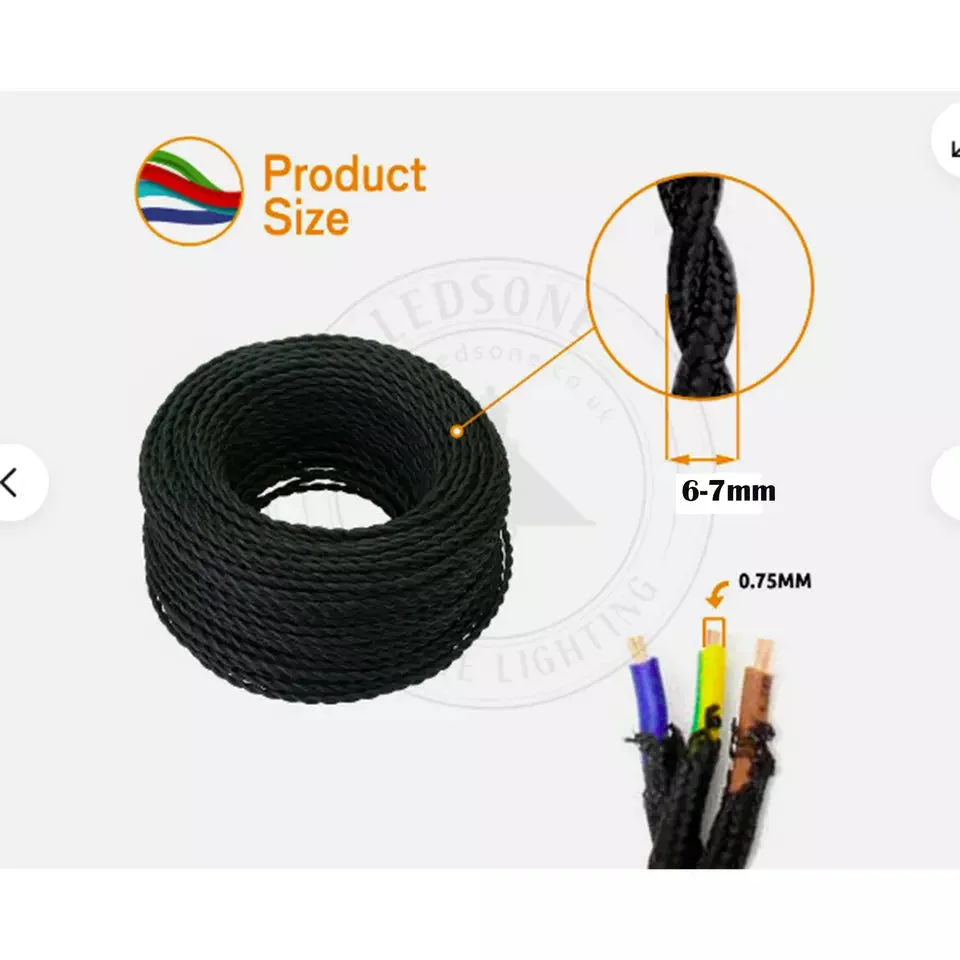 Dark brown twisted lighting cable wrapped in hemp cloth, showing 5mm diameter with copper conductors.