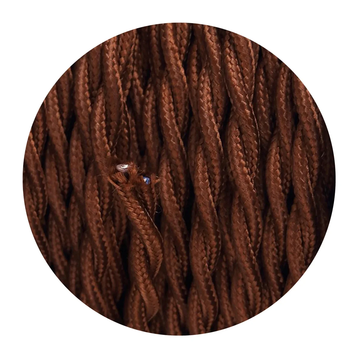 Dark brown, twisted 2‑core cloth covered electrical cord with hemp‑cloth braid, spanning about 1 m on a light‑gray backdrop.