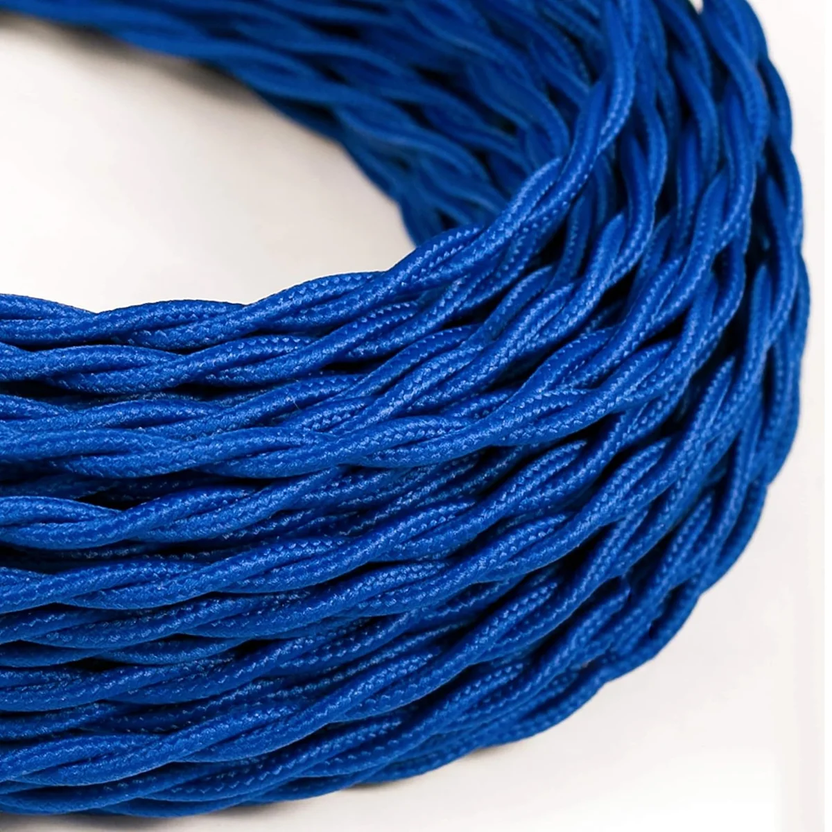 Dark blue 2 core twisted cable with braided fabric sheath, shown in a 1m length bundle.