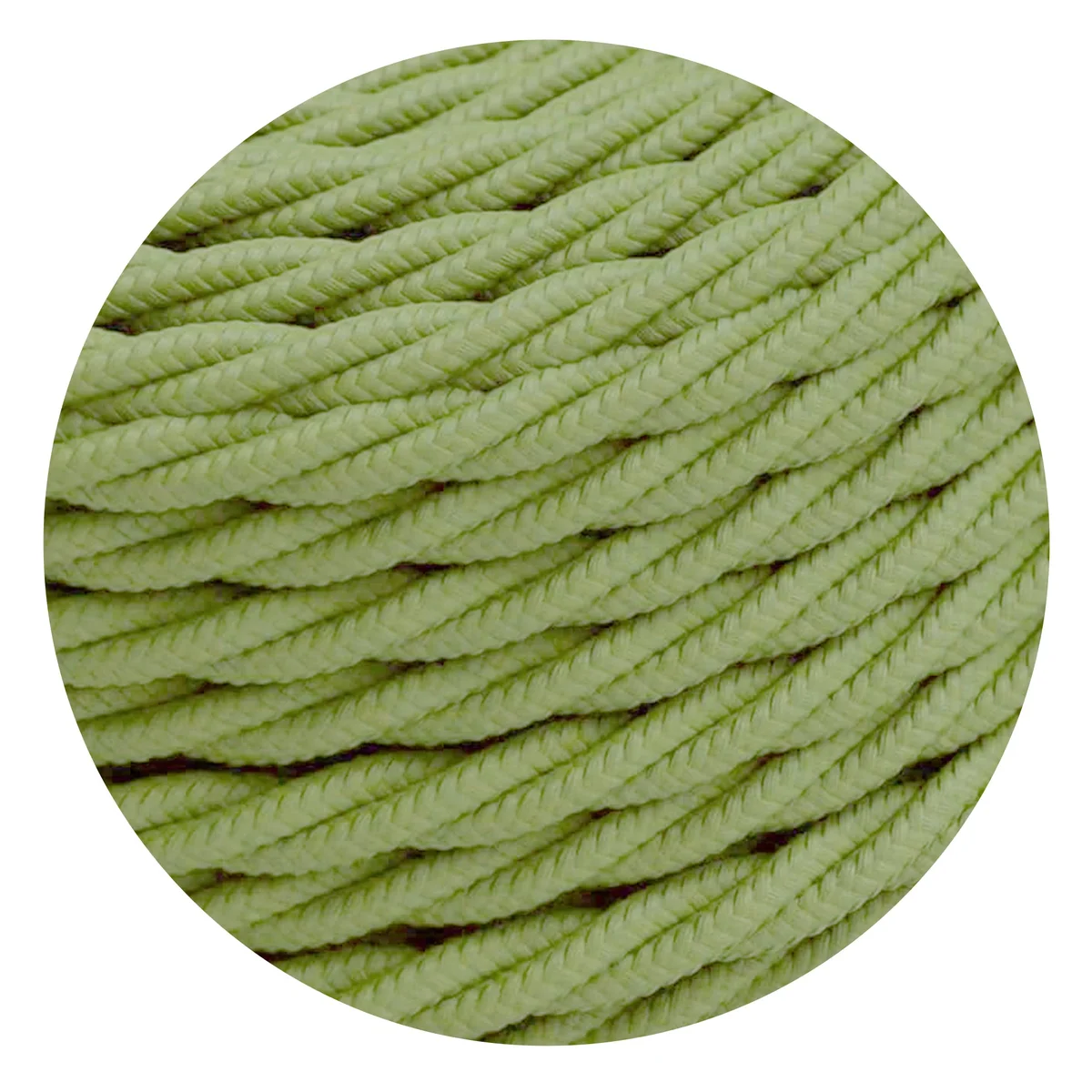 Army green 10m flexible twisted electrical cable with fabric sheath, 2 copper cores, 5 mm diameter.