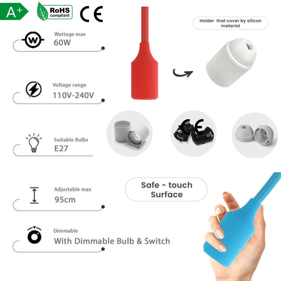 Vintage pendant lamp hanging from metal holder with fabric cable, adjustable length, spider style.