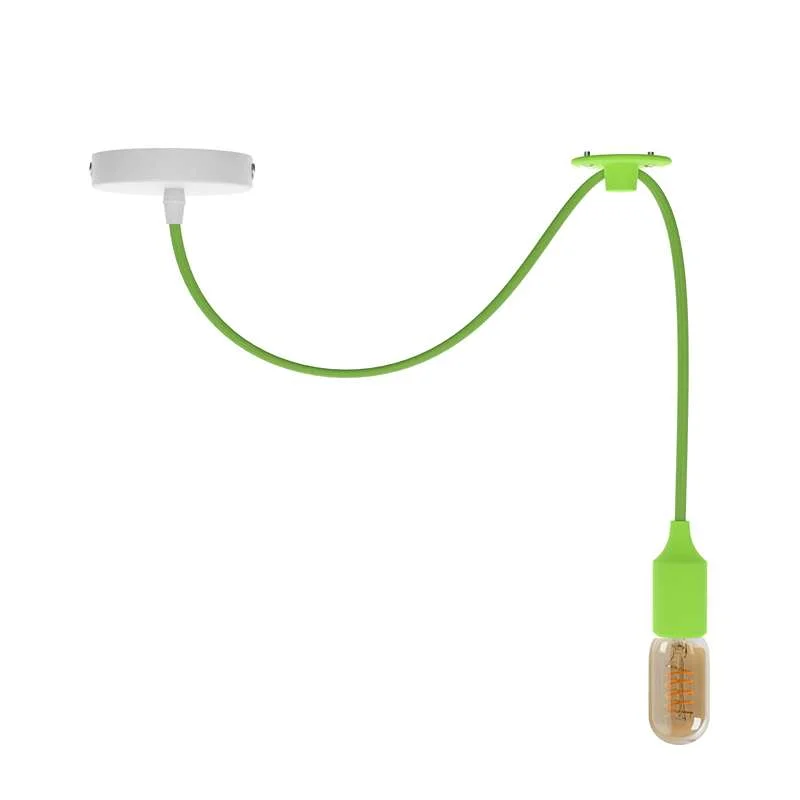 Adjustable pendant light with metal holder, fabric cable, vintage style, hanging from ceiling.