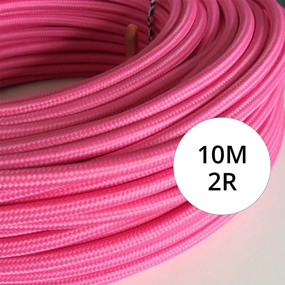 pink 10m fabric braided cable with 2 cores, round braided finish, 6mm diameter, suitable for indoor use.