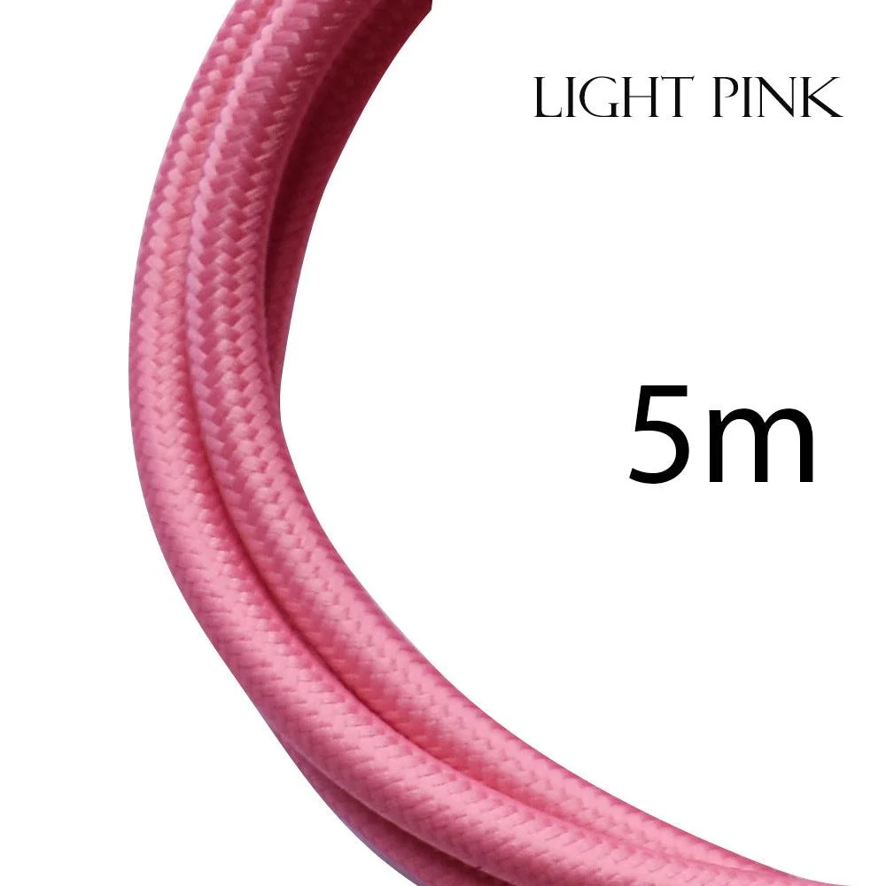 Rolled 5m rose pink braided cable with two cores, round profile, 6mm diameter, PVC and copper conductors.