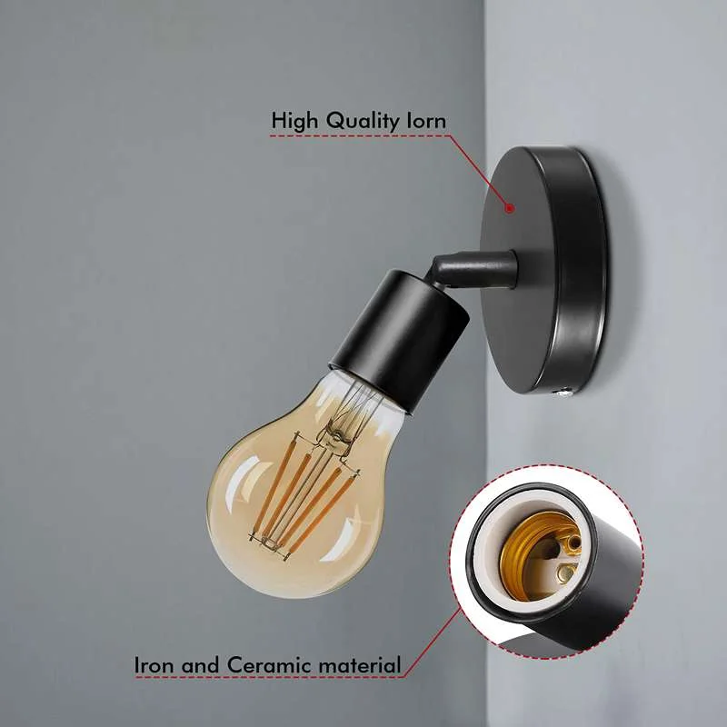 Black adjustable wall light with 180° swing arm, metal globe, vintage pipe design, fitting an E27 bulb.