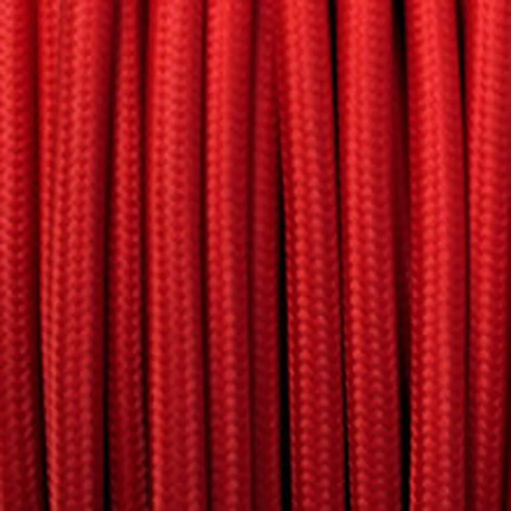 red cloth covered lighting cable coiled, showing twisted 5mm core with copper conductors, in a bundle ready for installation.
