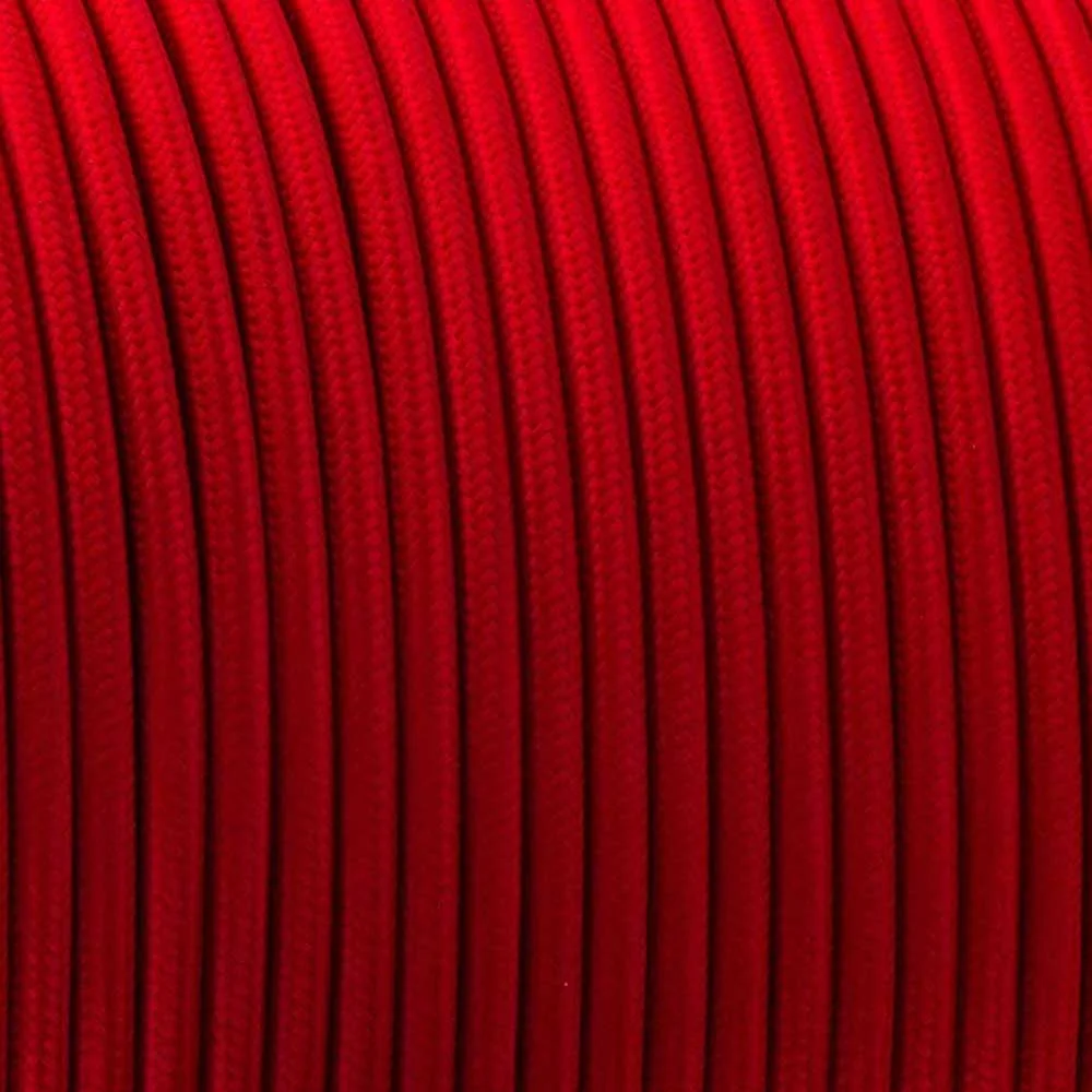 Red twisted 2‑core cloth covered electrical cord with PVC insulation, showing cable end. Ideal for lighting repairs.