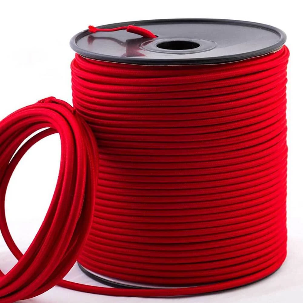 Red cloth‑wrapped twisted 2‑core flexible lighting cable, 5mm diameter, displayed in 1m, 5m, or 10m lengths.