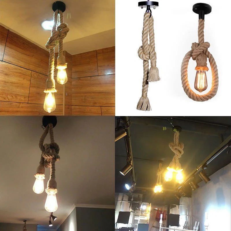 Vintage pendant light with twisted hemp rope cable and round hemp shade, hanging from ceiling.