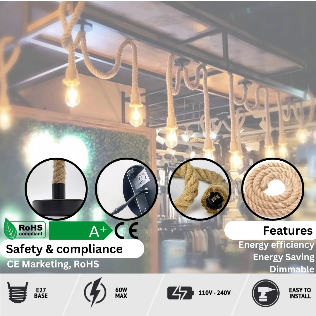 E27 bulb pendant light with round hemp rope cover and vintage twisted rope design.