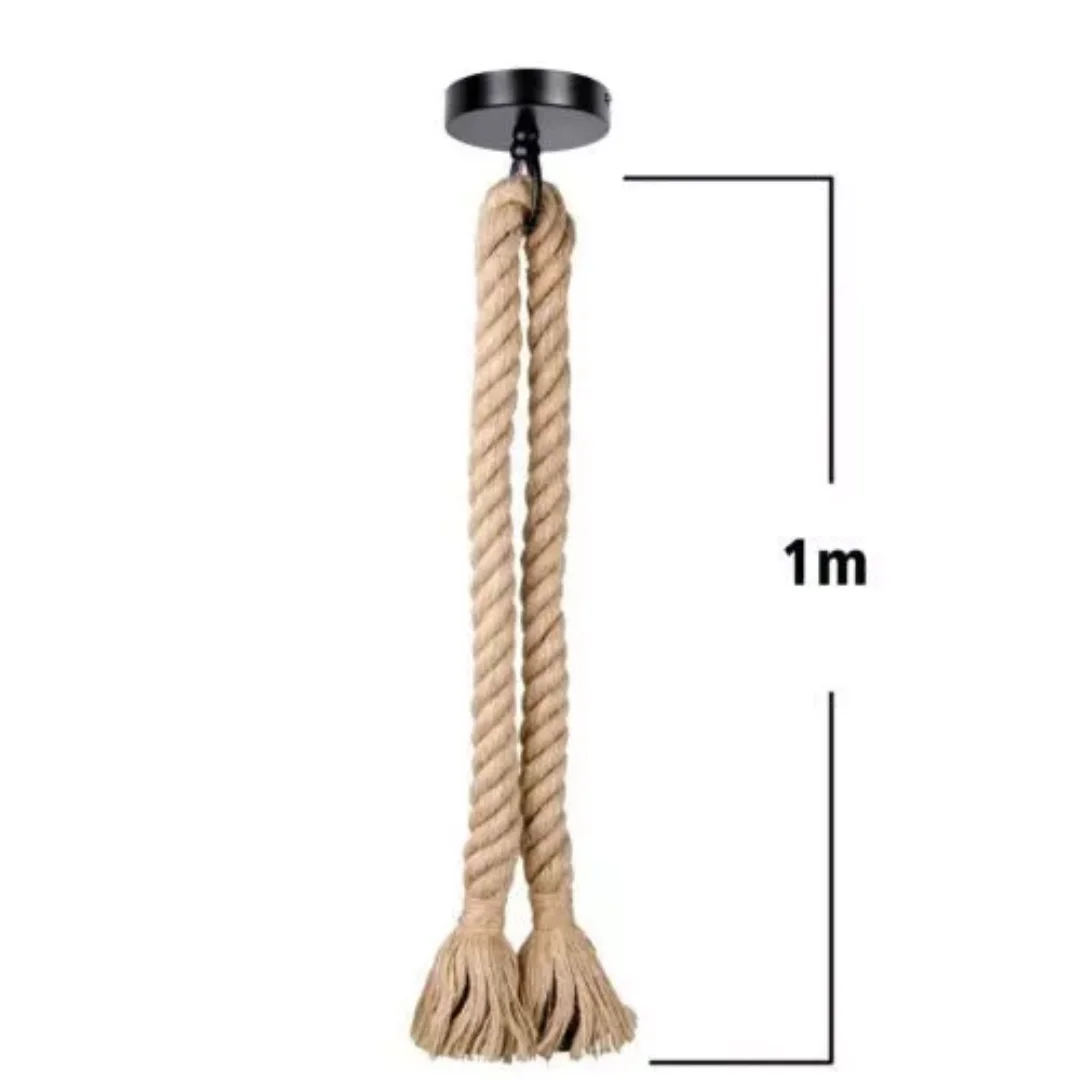 Rustic ceiling light with twisted hemp rope pendant, round hemp shade, hanging from ceiling.