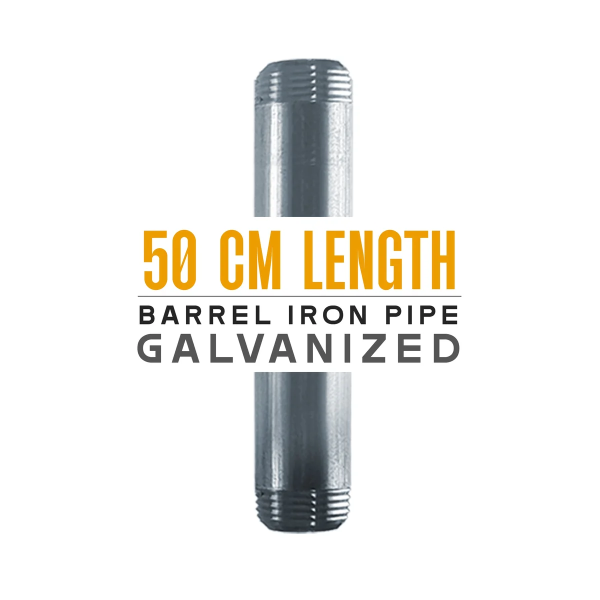 50 cm galvanized malleable iron pipe, both ends 3/4 inch threaded, displayed on a flat surface