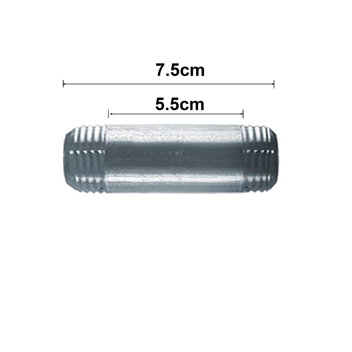 Galvanized iron male to male nipple fitting, 3/4 inch, 75mm long, with threaded ends, packaged in plain box.