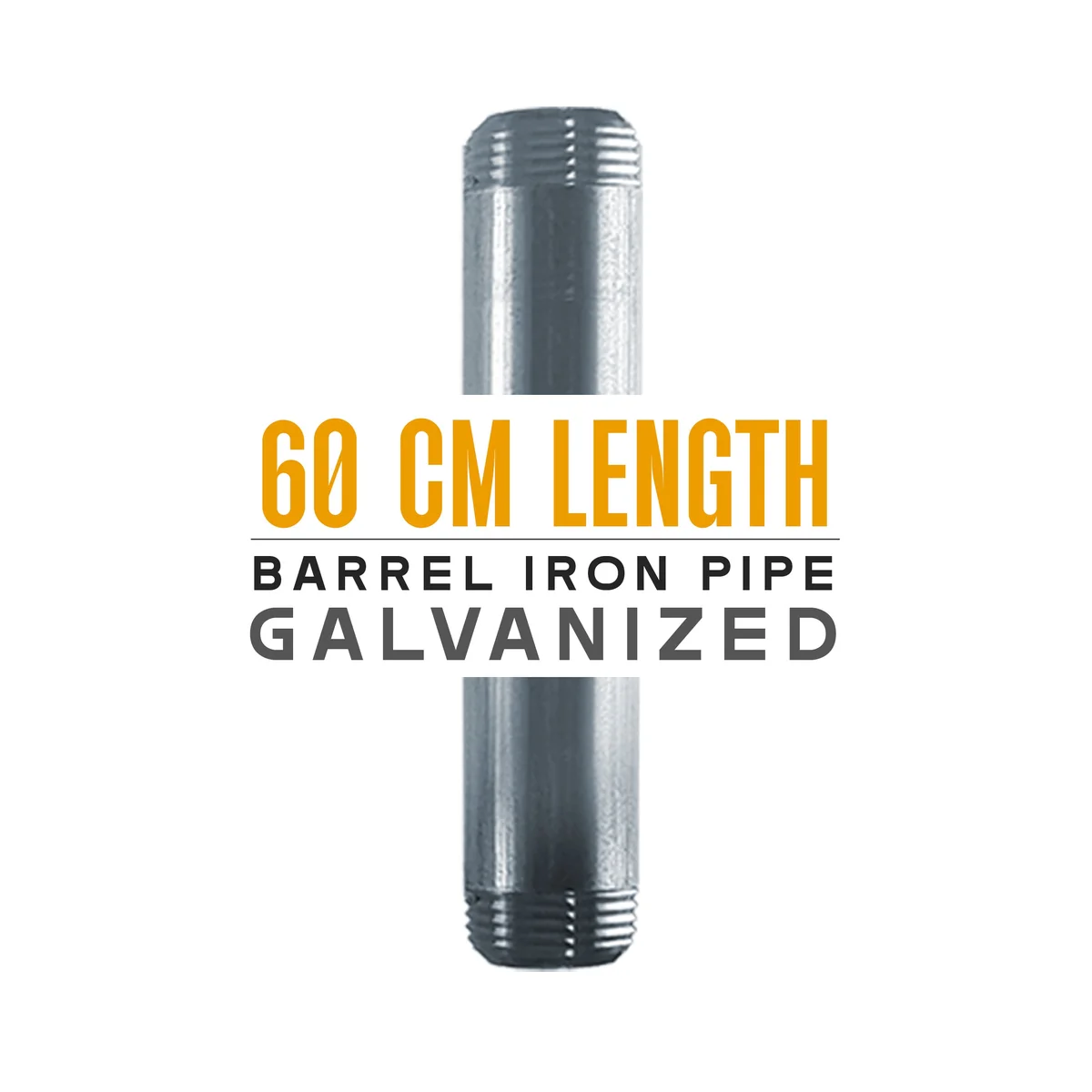 60cm galvanized iron pipe, double‑threaded ends, 3/4 inch diameter, displayed in clear packaging