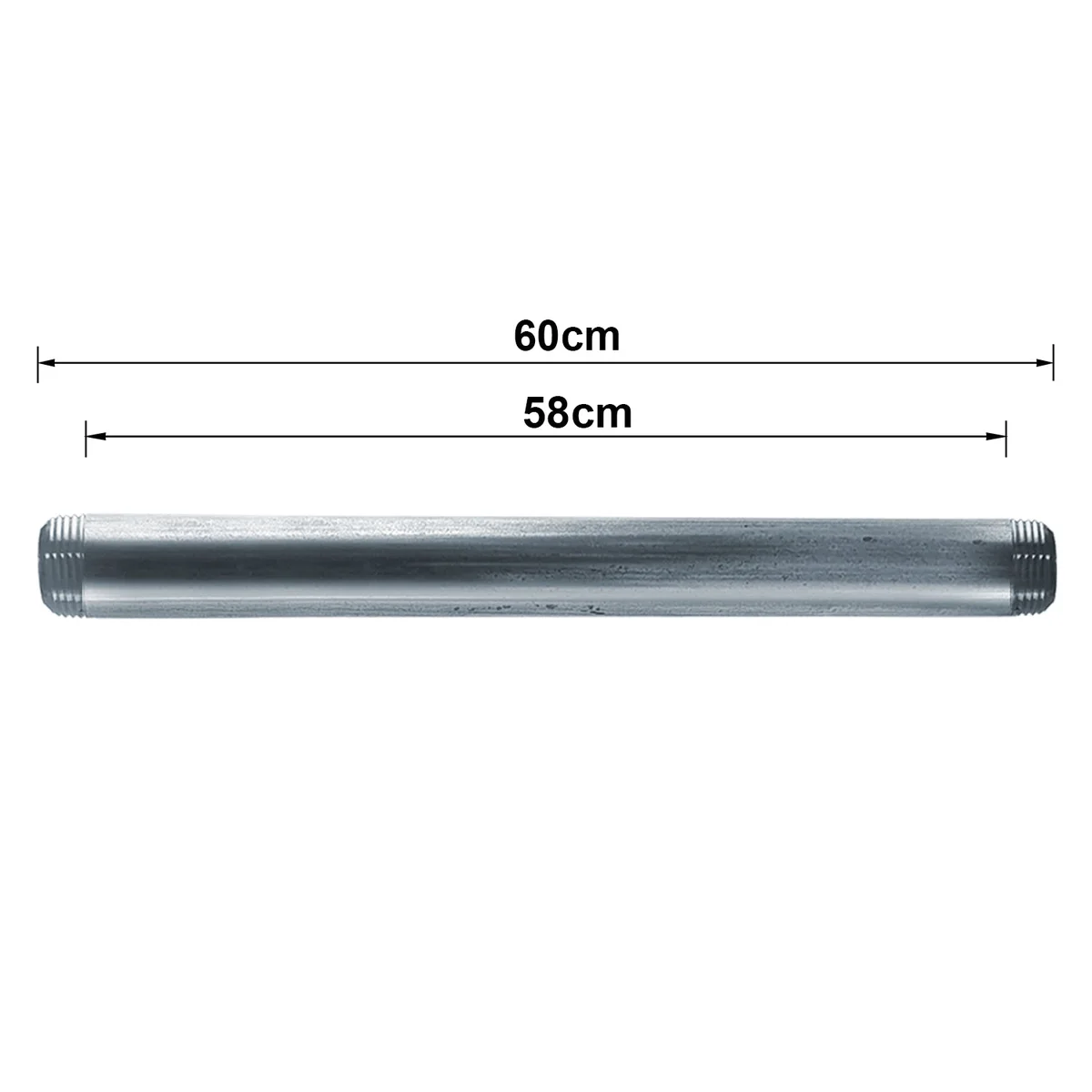 Galvanized ¾ inch iron pipe with threaded ends, shown on black background, labelled 600mm threaded pipe fitting