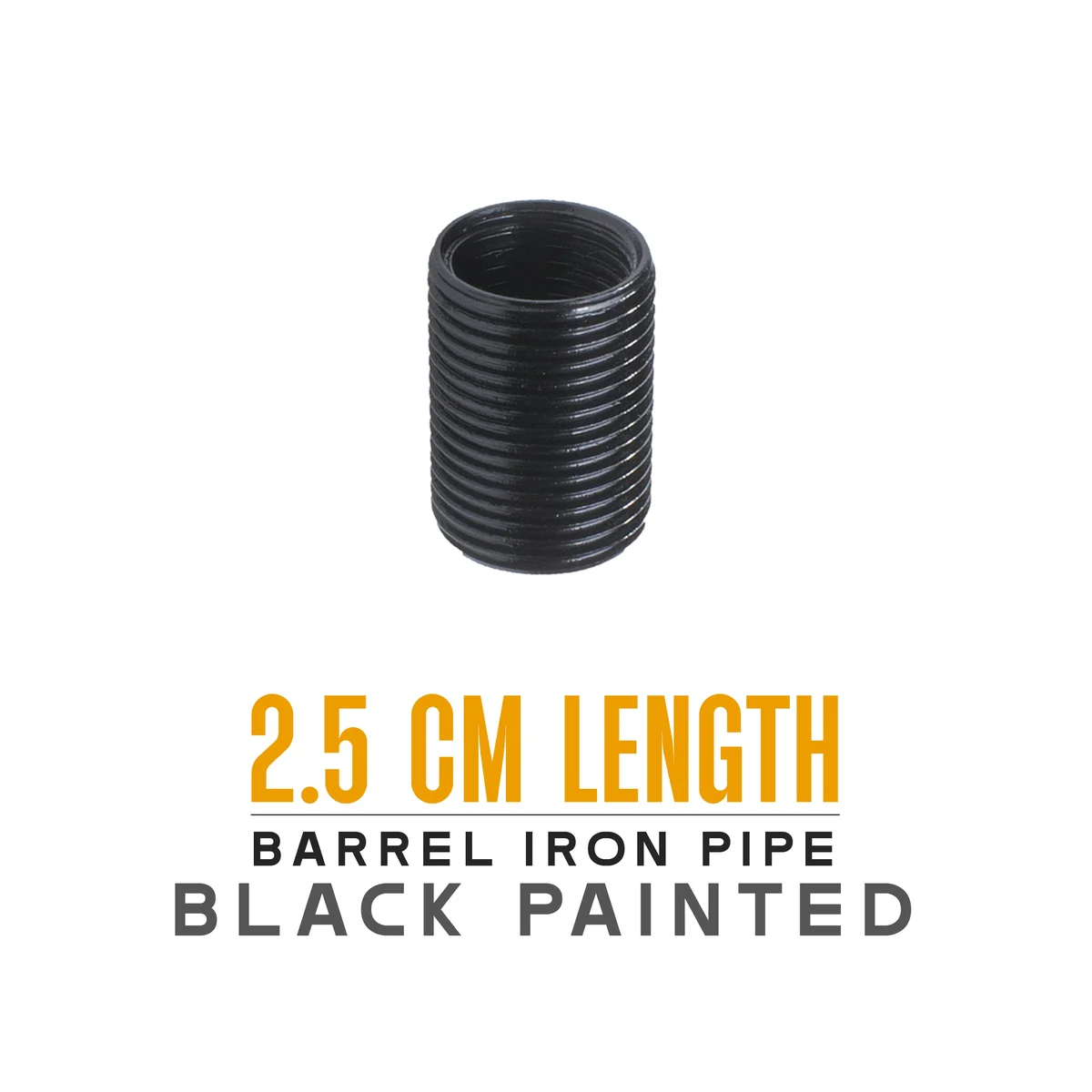 Black malleable iron pipe, 2.5 cm long, male–male threaded ends, showing smooth finish and precision BSP threading.