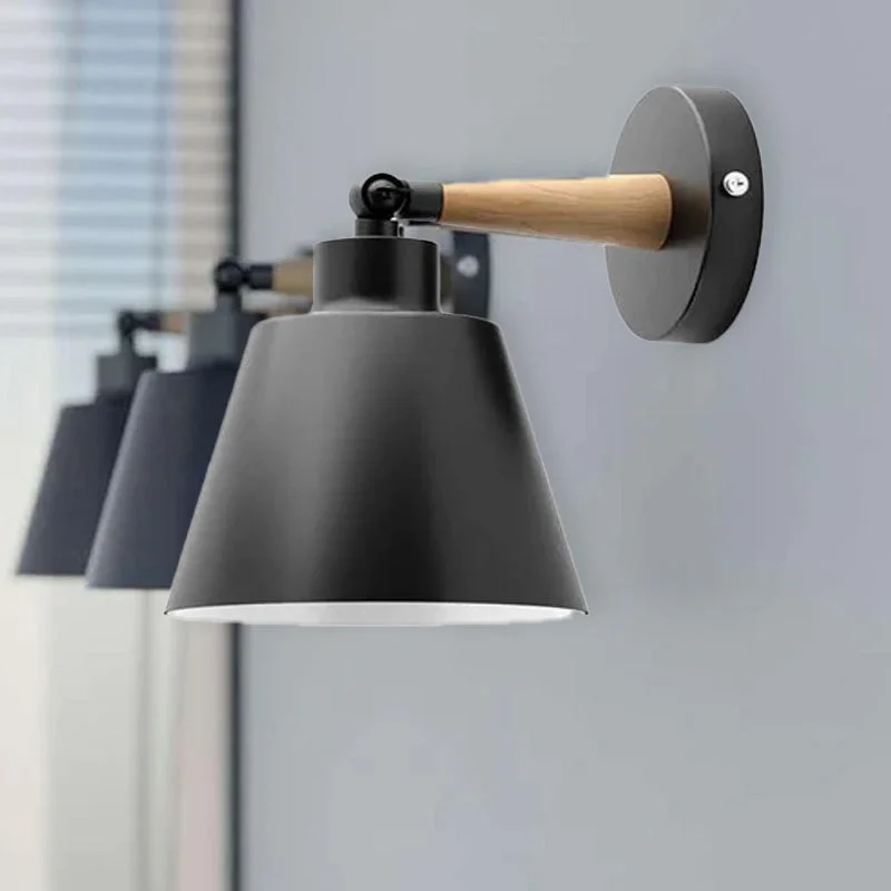 Modern black wall sconce with wooden decorative base, adjustable 180° rotation, black metal and wood finish.