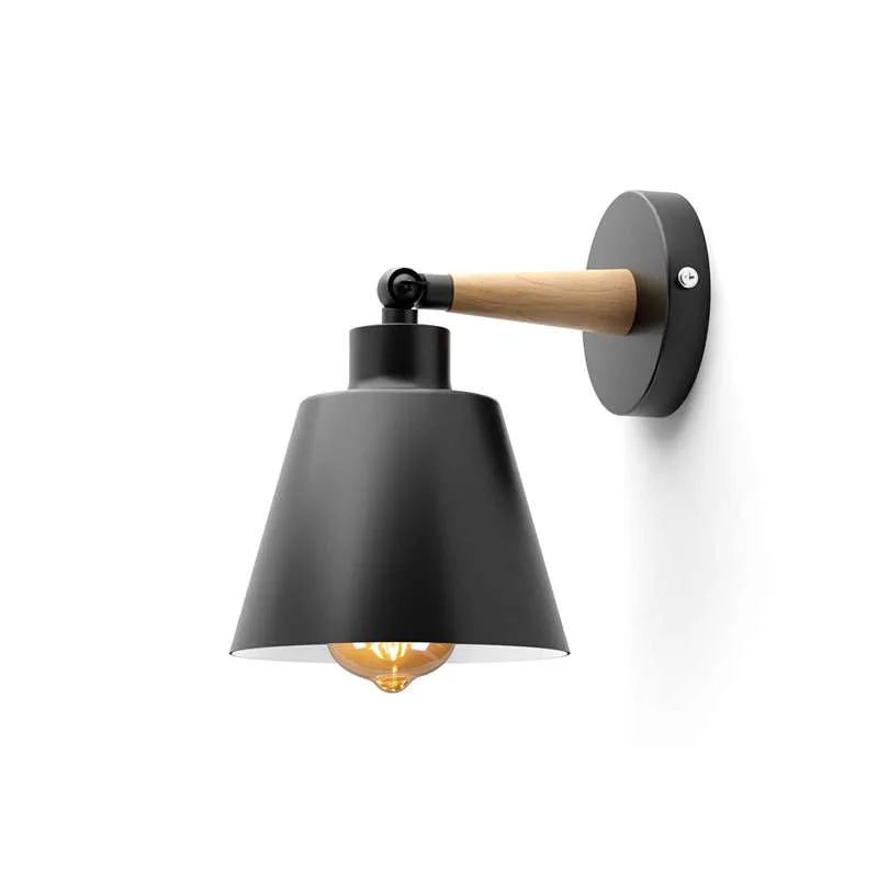 Modern black metal wall sconce with wooden detail, rotatable wall light, ceiling mounted.