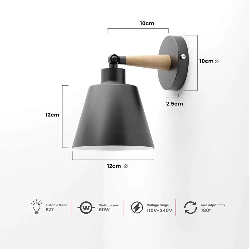 Black modern wall sconce with wooden decorative lamp, aluminium base, 180° adjustable, compatible with E27 bulbs, 60W power.