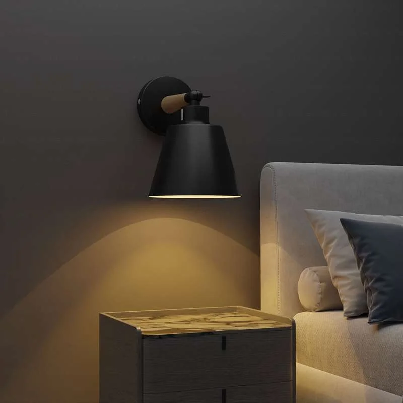 Modern black wall sconce with wooden shade, rotatable 180°, energy efficient – perfect for indoor outdoor wall light.