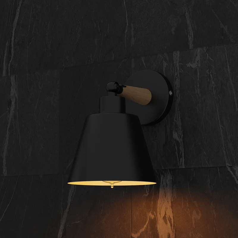 Modern black wall sconce with wooden decorative trim, black aluminium body, 180° rotatable, 12 cm wide × 13 cm tall