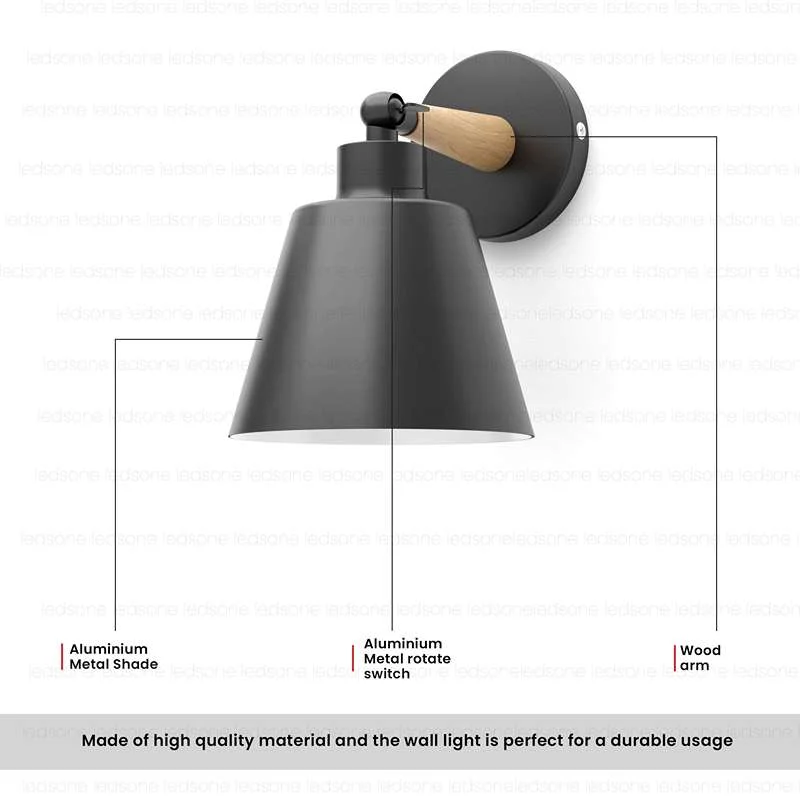 Modern black wall sconce with wooden decorative part, black body and white inner, 12cm wide, 13cm high, for wall or ceiling